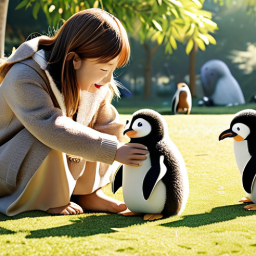 Home 11 Kongsuni playing happily with her monkey and penguin friends in a sunny park.