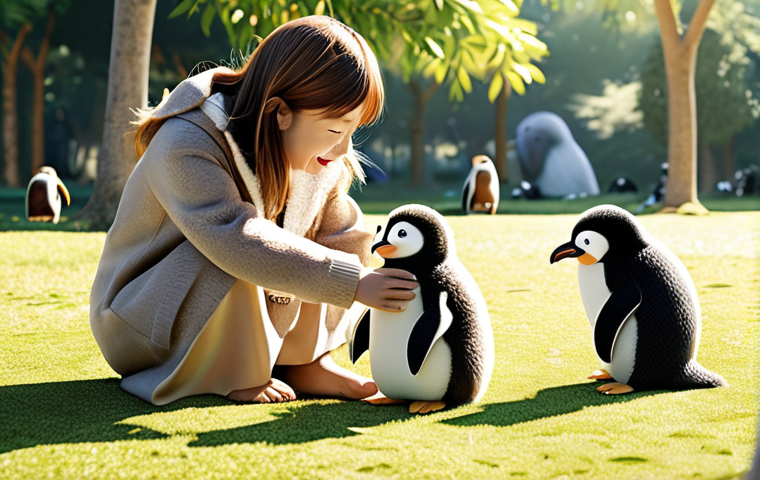 Kongsuni playing happily with her monkey and penguin friends in a sunny park.