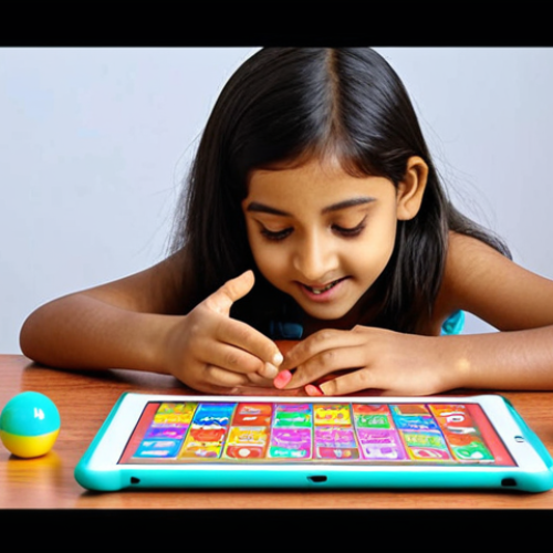 Home 6 **
A young Bengali girl named Raisa happily watching the English dubbed version of Kongsuni on a tablet. She is surrounded by English alphabet blocks and a few Kongsuni toys. The scene is bright and cheerful, suggesting a fun learning environment.
**