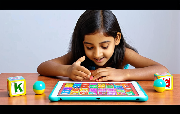 **
A young Bengali girl named Raisa happily watching the English dubbed version of Kongsuni on a tablet. She is surrounded by English alphabet blocks and a few Kongsuni toys. The scene is bright and cheerful, suggesting a fun learning environment.
**