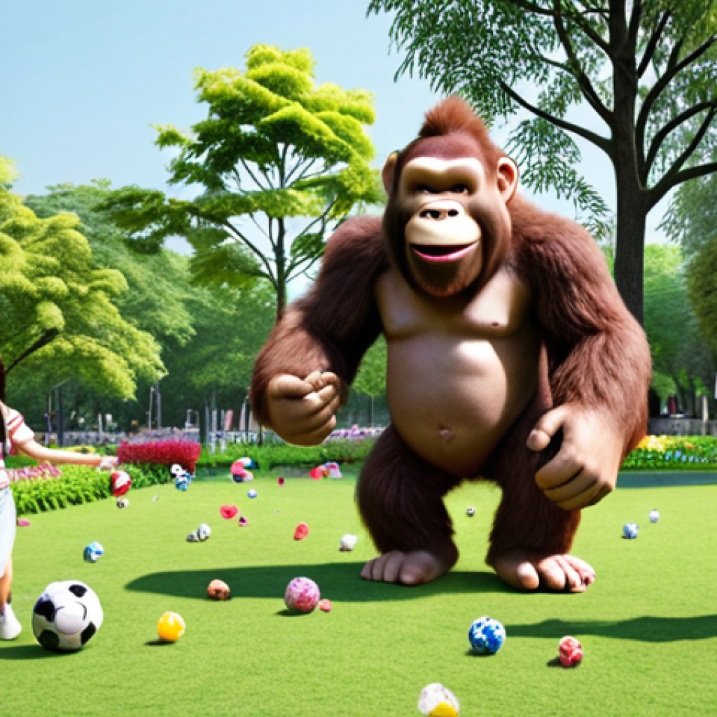 **Kong Suni playing with friends in a park:** Kong Suni, smiling sweetly, playing football with diverse friends in a sunny park filled with colorful flowers and trees.