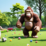 **Kong Suni playing with friends in a park:** Kong Suni, smiling sweetly, playing football with diverse friends in a sunny park filled with colorful flowers and trees.