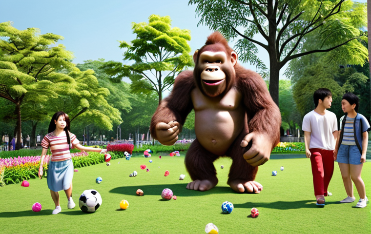 **Kong Suni playing with friends in a park:** Kong Suni, smiling sweetly, playing football with diverse friends in a sunny park filled with colorful flowers and trees.