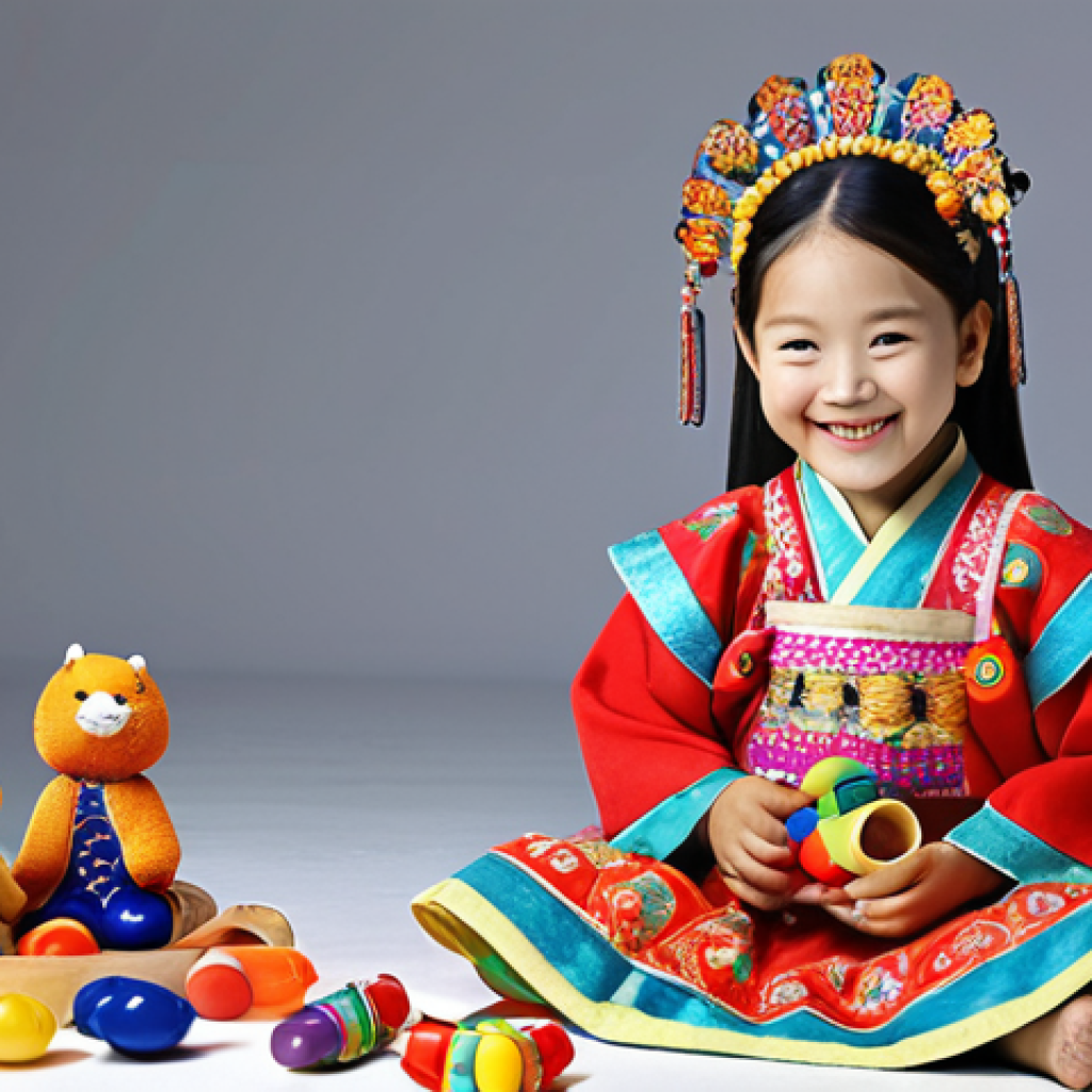 **A young girl dressed in a Kangsuni costume, smiling and playing with toys, with a focus on imagination and creativity.**