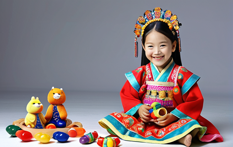 **A young girl dressed in a Kangsuni costume, smiling and playing with toys, with a focus on imagination and creativity.**