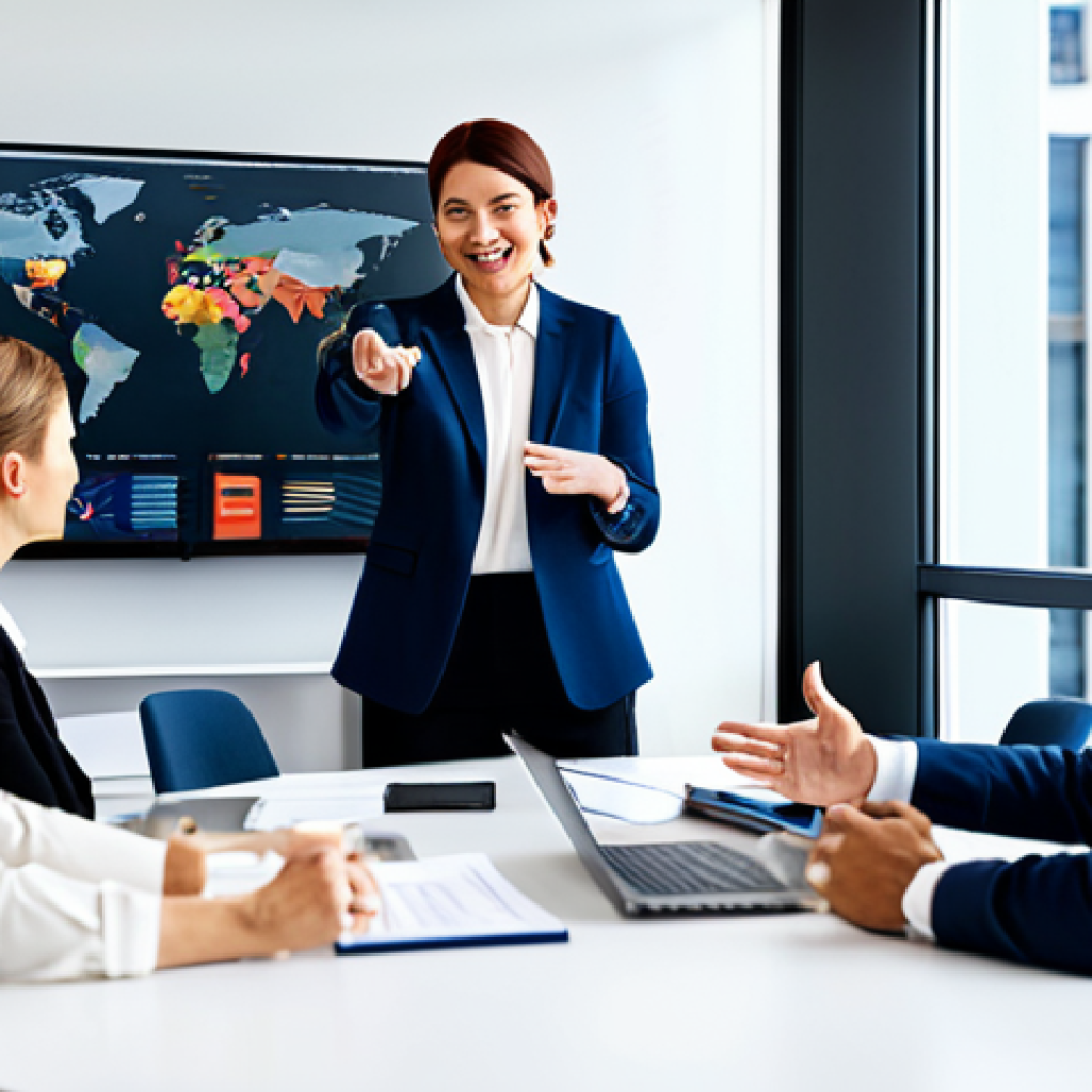 A diverse group of five professionals, fully clothed in modest business attire, are actively collaborating around a modern conference table in a bright, contemporary office. They are engaged in a lively discussion, with one person pointing to a large shared screen displaying a project roadmap. The atmosphere is collaborative and respectful. Professional photography, high quality, realistic, perfect anatomy, correct proportions, natural pose, well-formed hands, proper finger count, natural body proportions, safe for work, appropriate content, professional, fully clothed.