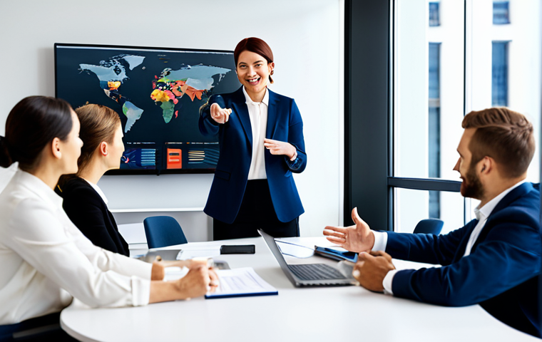 A diverse group of five professionals, fully clothed in modest business attire, are actively collaborating around a modern conference table in a bright, contemporary office. They are engaged in a lively discussion, with one person pointing to a large shared screen displaying a project roadmap. The atmosphere is collaborative and respectful. Professional photography, high quality, realistic, perfect anatomy, correct proportions, natural pose, well-formed hands, proper finger count, natural body proportions, safe for work, appropriate content, professional, fully clothed.