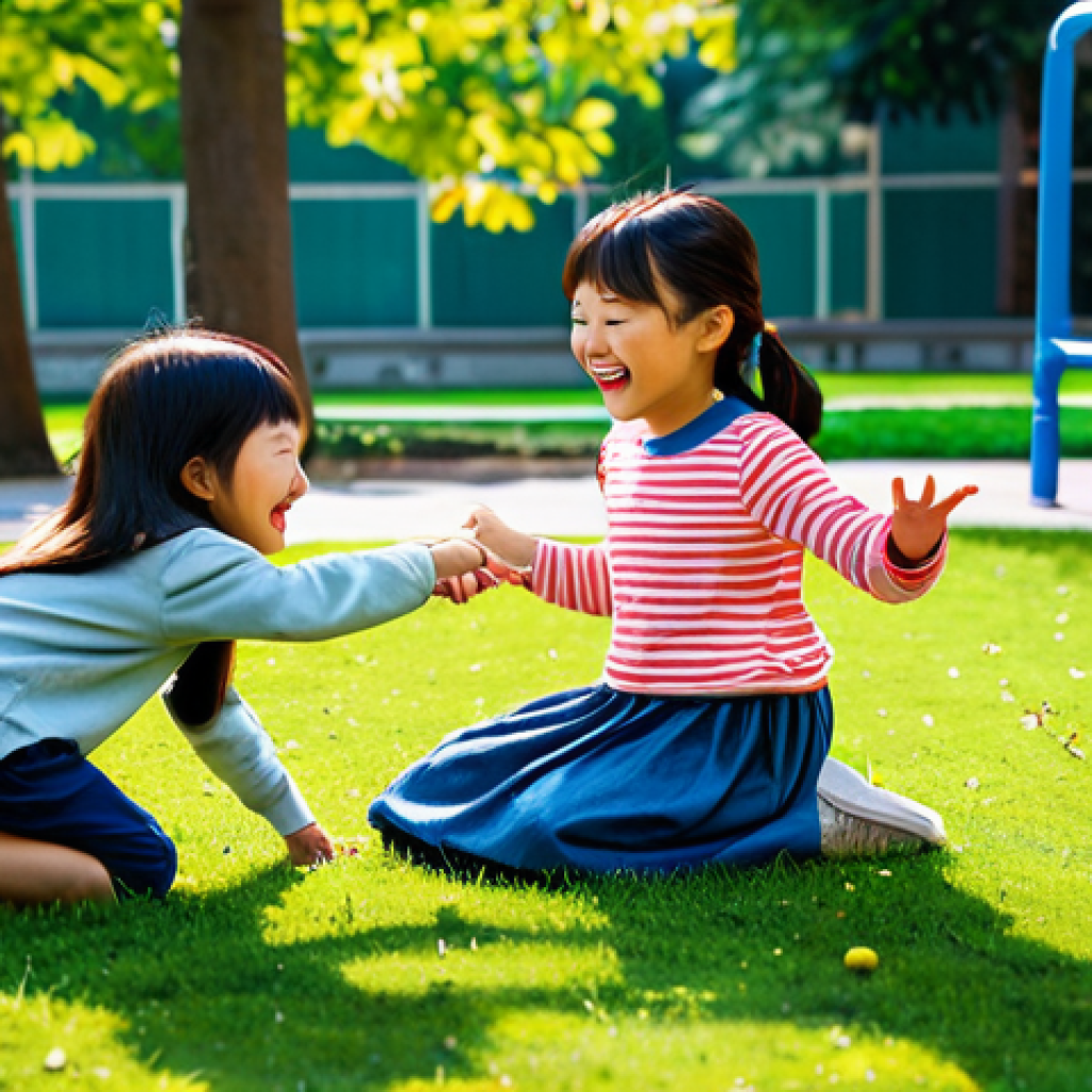 **
A young girl, "Kongsooni" style, fully clothed in modest children's clothing, playing with her friends in a bright, colorful park setting. The scene should depict joy and friendship. Safe for work, appropriate content, perfect anatomy, natural proportions, family-friendly.
**