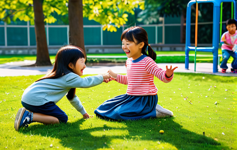 **
A young girl, "Kongsooni" style, fully clothed in modest children's clothing, playing with her friends in a bright, colorful park setting. The scene should depict joy and friendship. Safe for work, appropriate content, perfect anatomy, natural proportions, family-friendly.
**