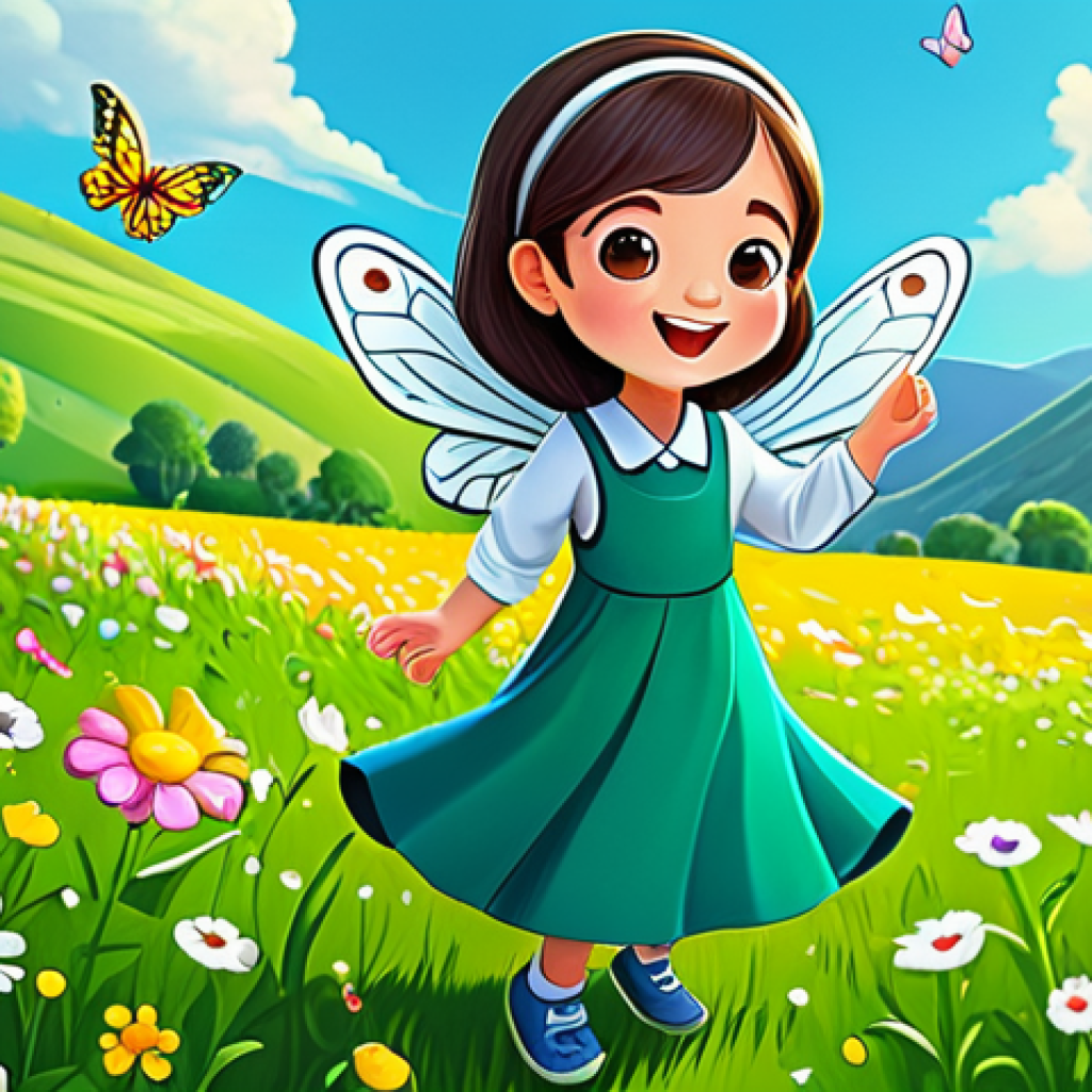 **
A brightly colored illustration of Kangsuni, a cute cartoon character, fully clothed in modest attire, playing in a lush green field filled with colorful flowers. Butterflies are fluttering around. Background shows rolling hills and a sunny sky. Safe for work, appropriate content, family-friendly, perfect anatomy, correct proportions, natural pose, professional illustration, high quality.
**