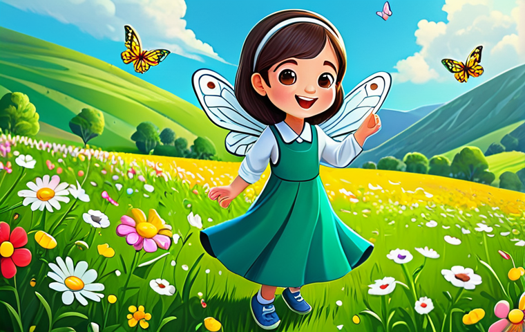 **
A brightly colored illustration of Kangsuni, a cute cartoon character, fully clothed in modest attire, playing in a lush green field filled with colorful flowers. Butterflies are fluttering around. Background shows rolling hills and a sunny sky. Safe for work, appropriate content, family-friendly, perfect anatomy, correct proportions, natural pose, professional illustration, high quality.
**