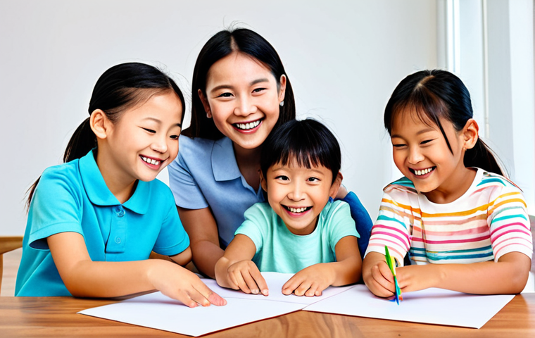 A group of fully clothed children happily participating in a Kangsuni-themed art and crafts activity, smiles on their faces, bright colors, safe for work, appropriate content, family-friendly, perfect anatomy, correct proportions, natural pose, well-formed hands, proper finger count, natural body proportions, professional.