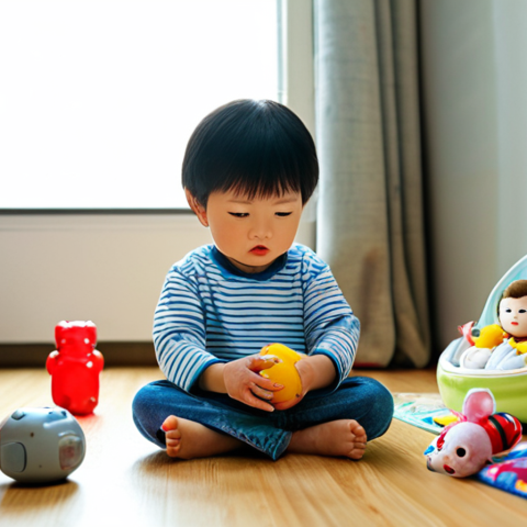 콩순이 완구 설문 조사 - A child playing with a Kongsuni Doll, indoors, surrounded by other toys, fully clothed, safe for wor...