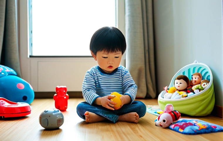 콩순이 완구 설문 조사 - A child playing with a Kongsuni Doll, indoors, surrounded by other toys, fully clothed, safe for wor...
