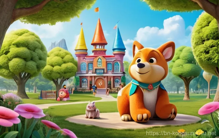 콩순이 굿즈 제작 과정 - **Prompt 1: Whimsical Park Adventure**
"A vibrant and cheerful illustration of Kong Suni, a cute...