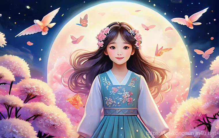 콩순이 팬 아트 - **Prompt 1: Kongsuni in a Whimsical Dreamscape**
"A full-body illustration of Kongsuni, depicted...